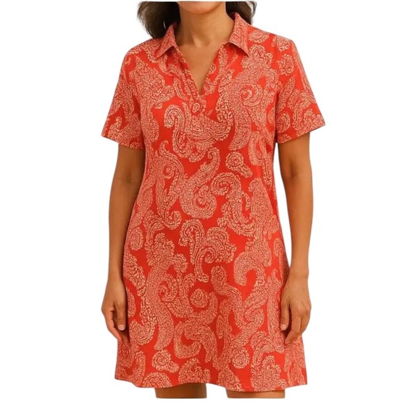 Chico's women's Linen Paisley popover Collared Shirt Dress orange White 3 - Picture 1 of 8